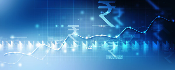 2d rendering Stock market online business concept. business Graph with indian rupee sign - obrazy, fototapety, plakaty
