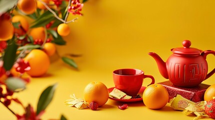 A red tea set, a gift box, tangerines and lucky money envelopes are displayed on the table with a yellow background. Free space for designs with a holiday theme