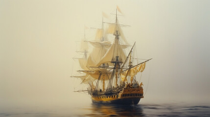 Obraz premium A painted portrayal of a wooden galleon ship sailing peacefully into a dense yellow fog in the midst of the ocean