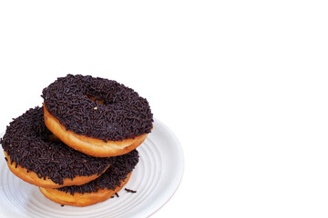 Chocolate donut on white plate isolated on white background