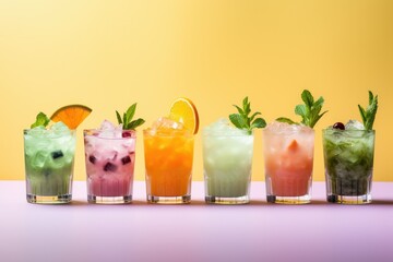 A selection of alcohol-free mocktails with creative garnishes - obrazy, fototapety, plakaty