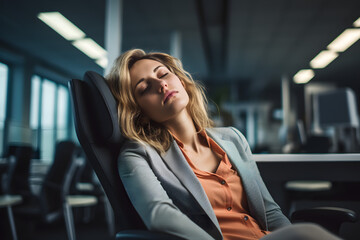 Fototapeta premium Businesswoman sitting sleep dozing and working hard at with front of computer and lots of documents on the table in workplace at late with serious action, Work hard and too late concept