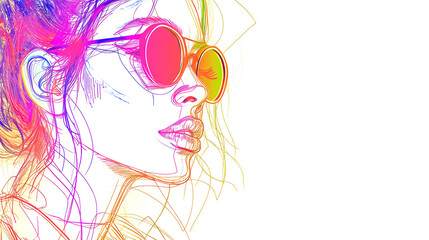 Naklejka premium sketch of a trendy girl with colorful projections. White background. Generative Ai.