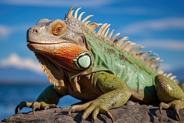 Fototapeta premium An iguana relaxing on a sun-soaked rock