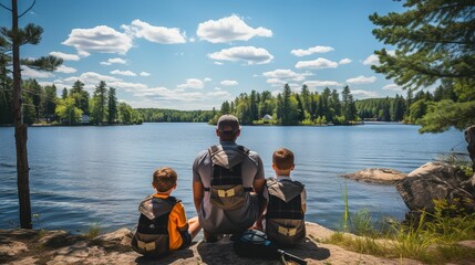 Father and children watching the scenery by the lake, father traveling with his children, family travel