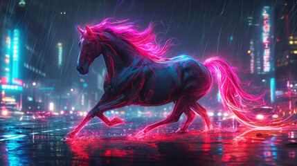 Cyberpunk-inspired horse with vibrant neon stripes, trotting in a futuristic cityscape, under neon lights