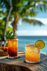 Elegant tropical cocktails at a luxury resort, sophisticated presentation, ocean view in the background