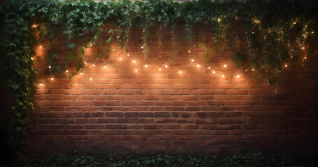 Beautiful Vine Covered Brick Wall with Rope Lighting Accent for Wallpaper or Background Generative AI