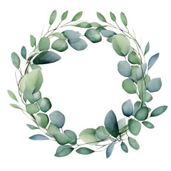 Watercolor vector wreath with green eucalyptus leaves and branches trasparent background - obrazy, fototapety, plakaty