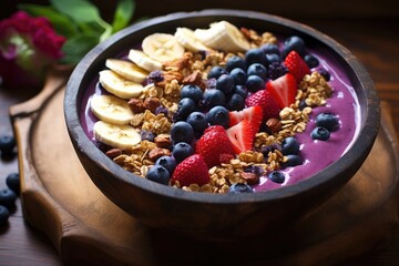 Bowl of Fresh Fruit and Granola on Table - Healthy Breakfast Concept, A vibrant bowl of acai topped with granola and berries, AI Generated