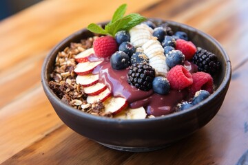 Enjoy a fresh and healthy breakfast with a delicious bowl of fruit and yogurt on a table, A vibrant bowl of acai topped with granola and berries, AI Generated