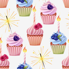 Seamless pattern with cupcake decorated with cream, blackberries, blueberries, raspberries, candle and sparkler. Birthday muffin background. Festive texture for wrapping paper, cards, fabric