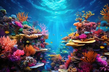 Fototapeta na wymiar A vibrant underwater scene showcasing a variety of corals and fish swimming peacefully in their natural habitat, A vibrant underwater seascape teeming with colorful coral reef, AI Generated