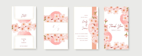 Pink sakura luxury wedding invitation with golden line art flower and botanical leaves, shapes, watercolor. Wedding invitation template in portrait or story orientation for social media poster