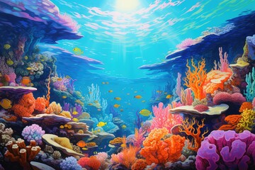 Fototapeta na wymiar The image showcases a stunning underwater scene, capturing colorful corals and a variety of fish in exquisite detail, A vibrant underwater seascape teeming with colorful coral reef, AI Generated