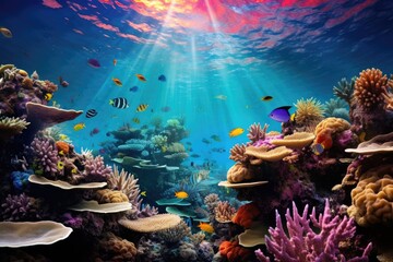 Fototapeta na wymiar A vibrant underwater scene teeming with colorful tropical fish swimming among vibrant corals, A vibrant underwater seascape teeming with colorful coral reef, AI Generated