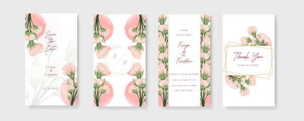 Pink chrysanthemum modern wedding invitation template with floral and flower. Wedding invitation template in portrait or story orientation for social media poster - obrazy, fototapety, plakaty