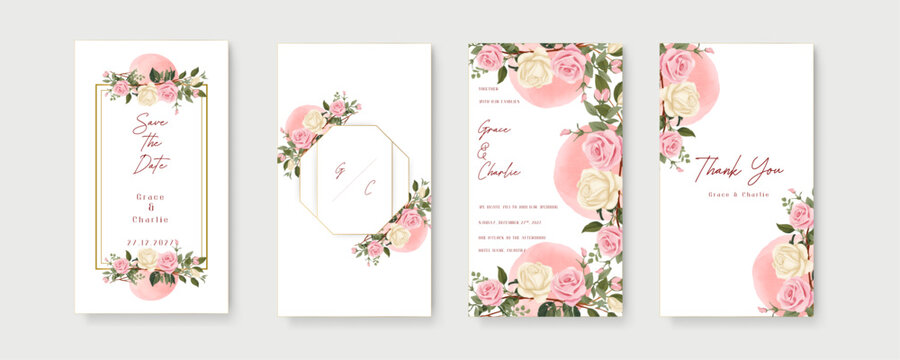 Pink and white rose wedding invitation card template with flower and floral watercolor texture vector. Wedding invitation template in portrait or story orientation for social media poster