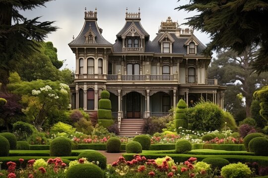 A grand house nestled in natures embrace, surrounded by lush green trees creating a serene atmosphere, A Victorian era mansion with elaborate gardens, AI Generated