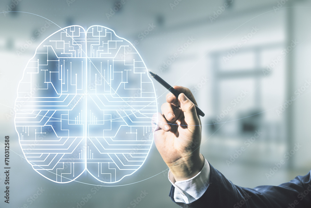 Poster double exposure of man hand with pen working with creative human brain microcircuit hologram on blur