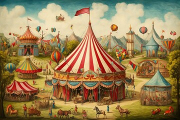 Fototapeta premium Painting of a Colorful Circus Scene With Circus Tent, Acrobats, and Animals, A vintage circus populated with colorful tents and magical creatures, AI Generated