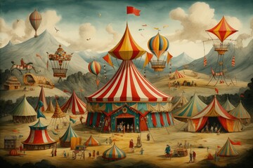 A lively, colorful painting of a circus tent stands proudly in the middle of a lush green field, A vintage circus populated with colorful tents and magical creatures, AI Generated