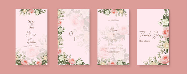 Pink and beige rose luxury wedding invitation with golden line art flower and botanical leaves, shapes, watercolor. Wedding invitation template in portrait or story orientation for social media poster