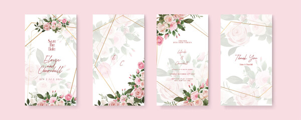 Pink rose vector elegant watercolor wedding invitation floral design. Wedding invitation template in portrait or story orientation for social media poster