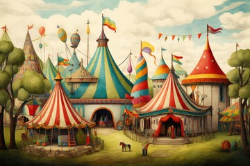 A Painting of a Circus Tent Under a Colorful Big Top in a Vibrant Circus Scene, A vintage circus populated with colorful tents and magical creatures, AI Generated - obrazy, fototapety, plakaty