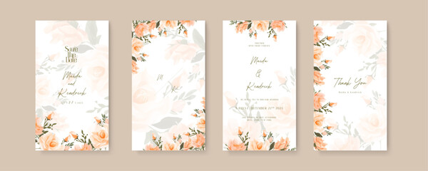 Peach rose elegant wedding invitation card template with watercolor floral and leaves. Wedding invitation template in portrait or story orientation for social media poster