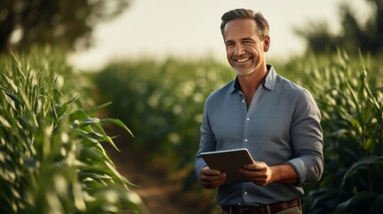 Smart farmer Handsome, smiling with confidence using a tablet to monitor plant growth on a farm for sustainable digital farming - obrazy, fototapety, plakaty