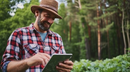 Smart farmer Handsome, smiling with confidence using a tablet to monitor plant growth on a farm for sustainable digital farming