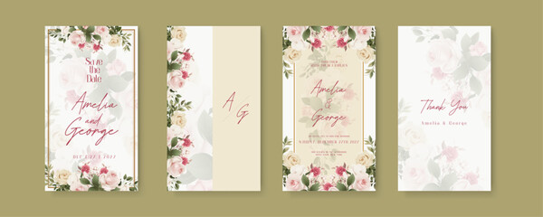 Pink beige and white rose vector elegant watercolor wedding invitation floral design. Wedding invitation template in portrait or story orientation for social media poster