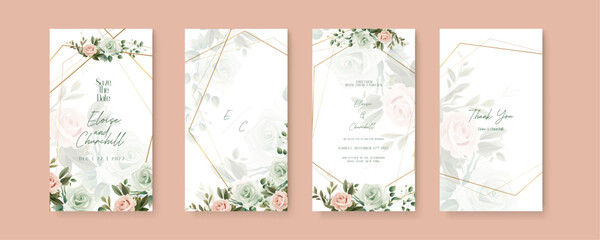 Green and beige rose wedding invitation card template with flower and floral watercolor texture vector. Wedding invitation template in portrait or story orientation for social media poster