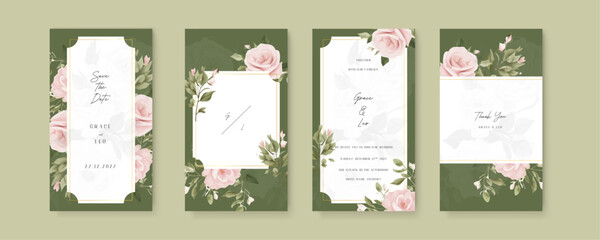 Pink rose beautiful wedding invitation card template set with flowers and floral. Wedding invitation template in portrait or story orientation for social media poster
