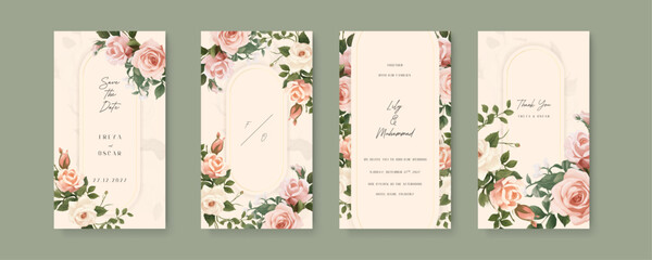 Pink and beige rose vector wedding invitation card set template with flowers and leaves watercolor. Wedding invitation template in portrait or story orientation for social media poster