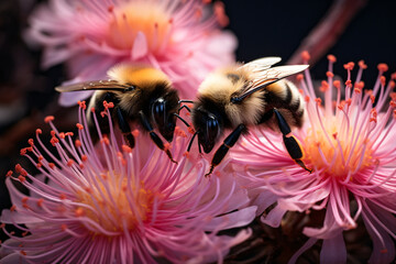 Two orange bee's sit on some pink flowers, in the style of magenta and black, rtx on, sigma 85mm f/1.4 dg hsm art, symbolic, australian landscape, commission for, sharp/prickly

 - obrazy, fototapety, plakaty