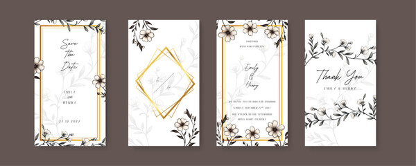 White cosmos luxury wedding invitation with golden line art flower and botanical leaves, shapes, watercolor. Wedding invitation template in portrait or story orientation for social media poster
