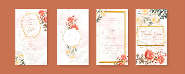 Fototapeta na wymiar Red yellow and white rose and camellia elegant wedding invitation card template with watercolor floral and leaves. Wedding invitation template in portrait or story orientation for social media poster