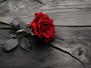A red rose lying on a wooden board with leaves, in the style of black and white grayscale, bold color, romantic scenery, red and gray, saturated color scheme, romantic atmosphere

