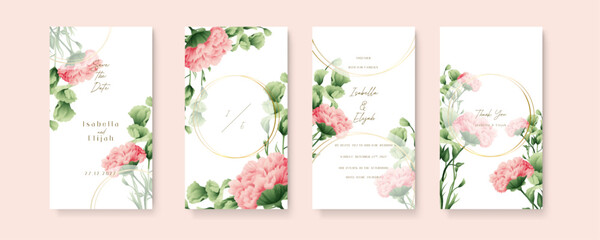 Pink and green carnation elegant wedding invitation card template with watercolor floral and leaves. Wedding invitation template in portrait or story orientation for social media poster - obrazy, fototapety, plakaty