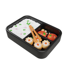 3D Model of Bento with Assortment of Traditional Japanese Foods.
3d illustration, 3d element, 3d rendering. 3d visualization isolated on a transparent background