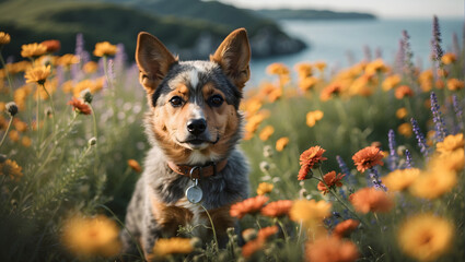 Blue Heeler sits gracefully amidst a tapestry of blooming wildflowers, showcasing the perfect blend of nature's beauty and the loyal charm of this canine companion.