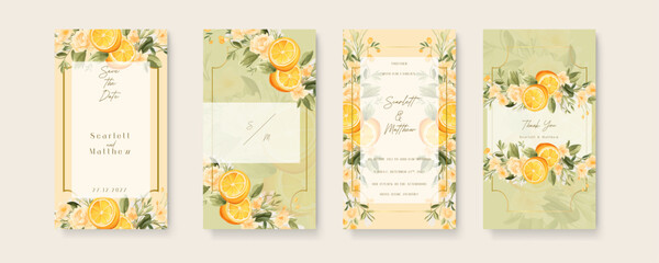 Yellow lemon and rose vector wedding invitation card set template with flowers and leaves watercolor. Wedding invitation template in portrait or story orientation for social media poster © SyahCreation