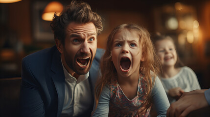 Family Game Night Excitement,  lively scene of a family immersed in play, with a father and daughter expressing sheer excitement, their eyes wide with anticipation - obrazy, fototapety, plakaty