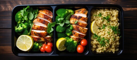 Chicken, rice, brussels sprouts, and vegetables arranged in green containers for healthy meal prep, with empty space. Lunch in dinner box. Overhead shot.