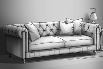 Sofa with cushions, grey. Interior design illustration of a couch made using tools. Generative AI