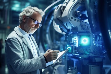 Mature engineer inspecting machinery with tablet in a high-tech industrial facility.