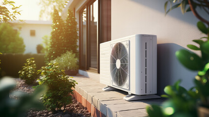 Air condition outside the modern living room house, Air compressor external split wall type of outdoor home air conditioner unit installed on outside building. Concepts of cool or heat or hot and air  - obrazy, fototapety, plakaty