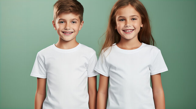Smiling Siblings in White Tees, Two young siblings with beaming smiles stand side by side in white t-shirts against a soft green backdrop, embodying youthful joy and sibling bond